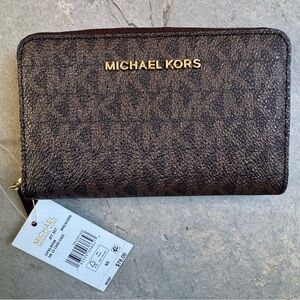 Michael Kors Brown Logo Zip-Around Wallet with Gold Logo